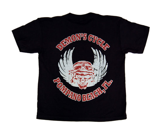 Demon's Cycle Black T-Shirt Faded Glory Pompano Beach FL Pilot Skull and Wings Youth XL  Image 