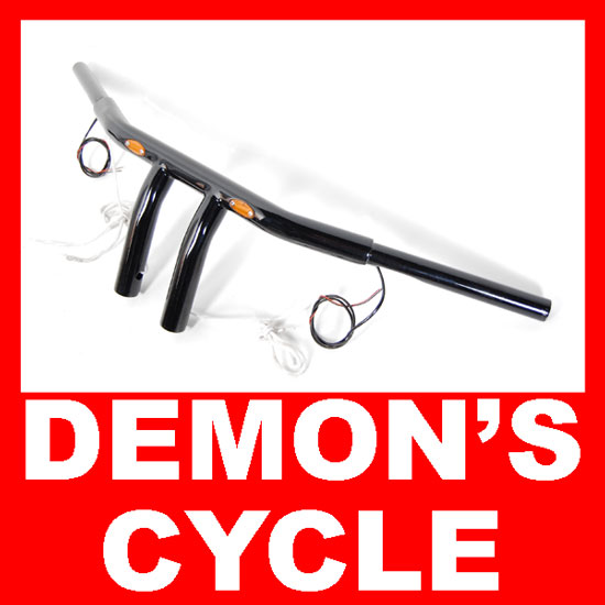 Black 1-1/4" Drag Handlebars 8" Rise with LED Turn Signals fit Harley-Davidson T Bars 8 Rise Blinkers BLK Image 