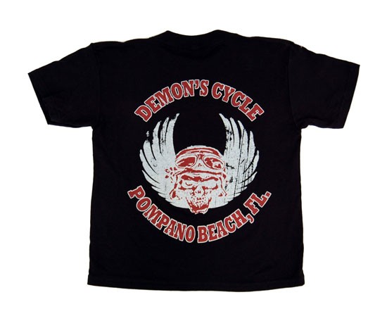 Demon's Cycle Black T-Shirt Faded Glory Pompano Beach FL Pilot Skull and Wings Youth M