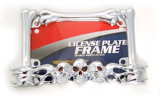 Chrome License Plate Frame with 3-D Skulls and Flames for Harley-Davidson and Any Motorcycles