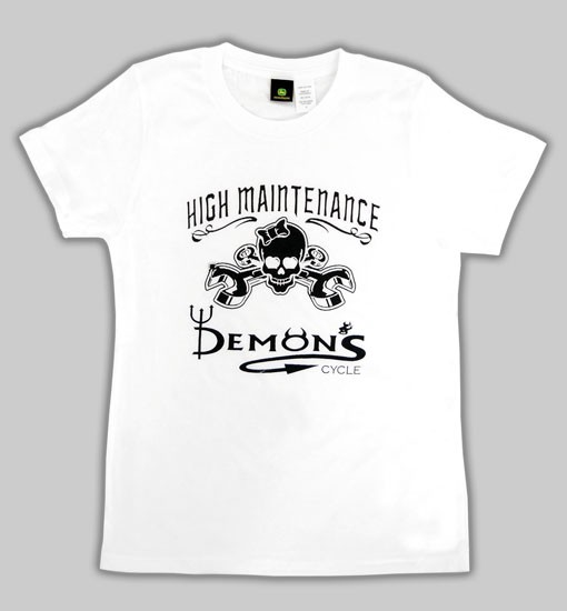 Demon's Cycle Logo Ladies T-Shirt "High Maintenance" White Small